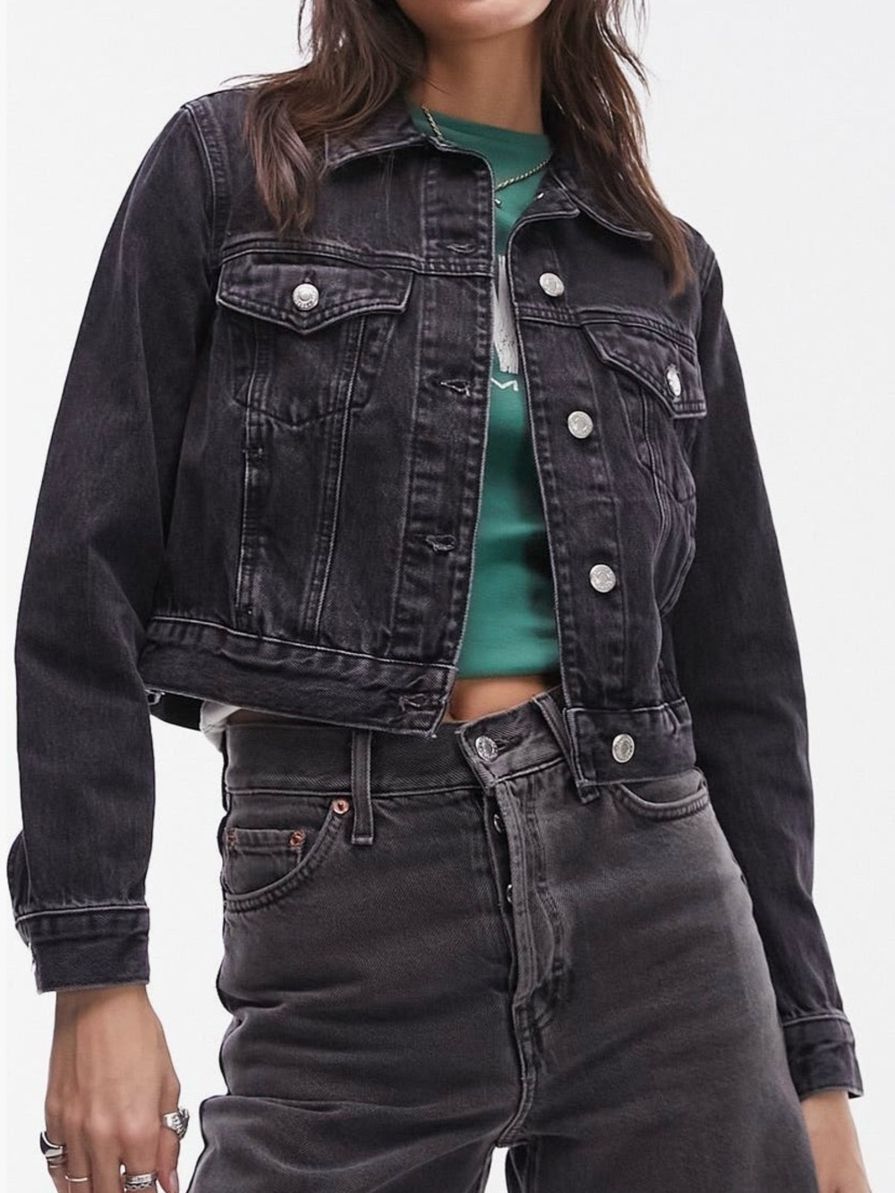 Topshop Tilda Crop Denim Jacket in Washed Black
